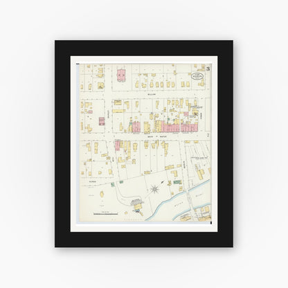 Old map wall art mockup — black gallery frame with white mat — Sanborn Fire Insurance Map from Huron, Erie County, Ohio (1898), Sheet #0003