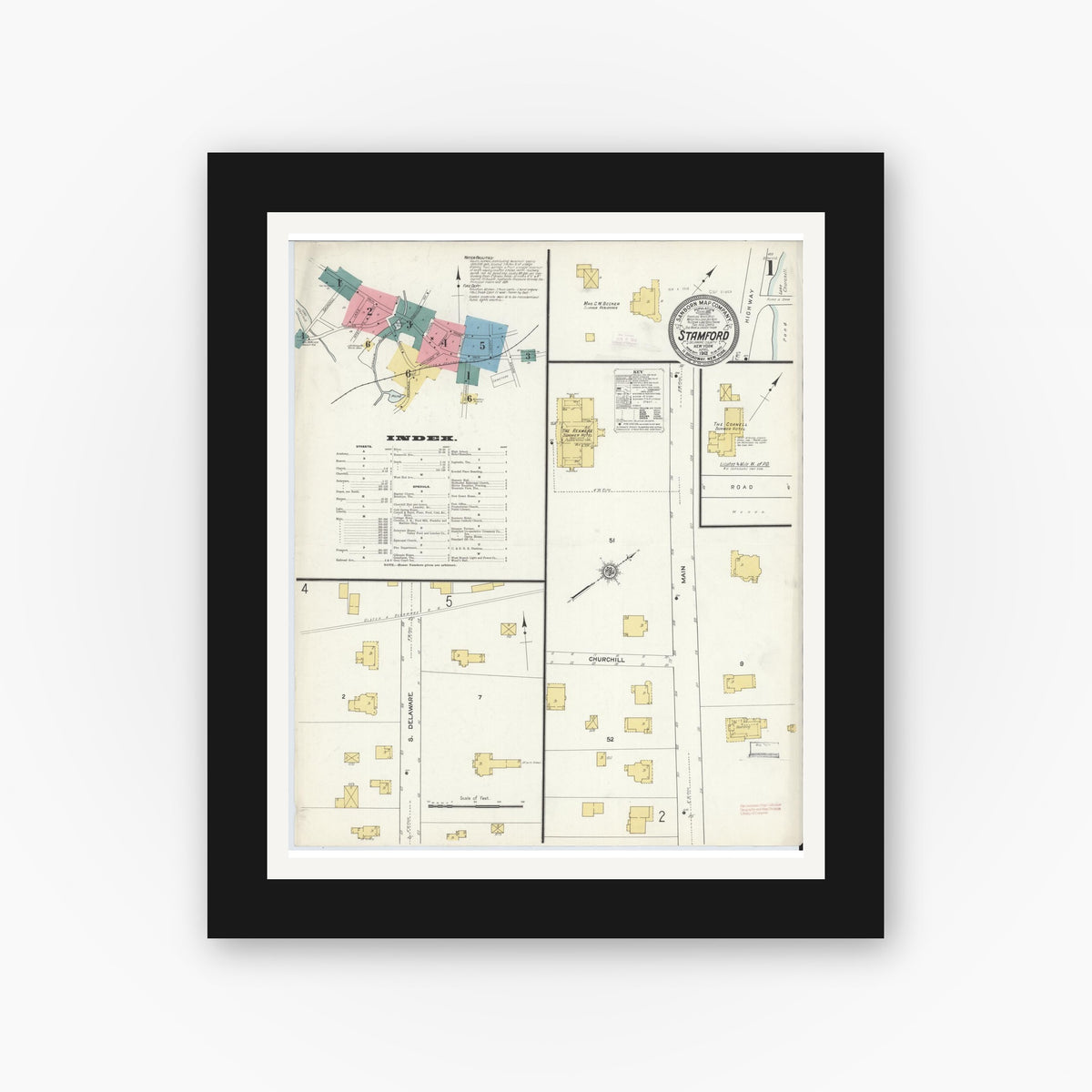 Old map wall art mockup — black gallery frame with white mat — Sanborn Fire Insurance Map from Stamford, Delaware County, New York (1912) - Complete Map Set
