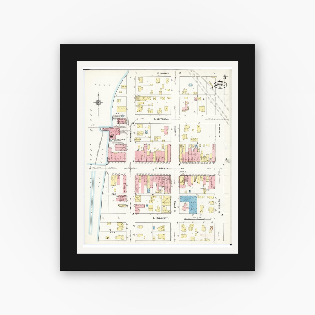 Old map wall art mockup — black gallery frame with white mat — Sanborn Fire Insurance Map from Waverly, Bremer County, Iowa (1915), Sheet #0005