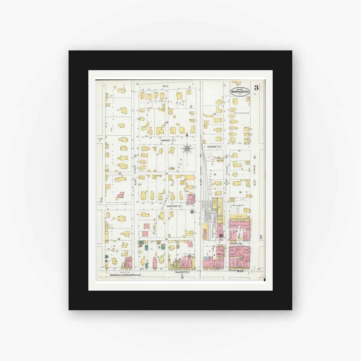 Old map wall art mockup — black gallery frame with white mat — Sanborn Fire Insurance Map from Murphysboro, Jackson County, Illinois (1902), Sheet #0003