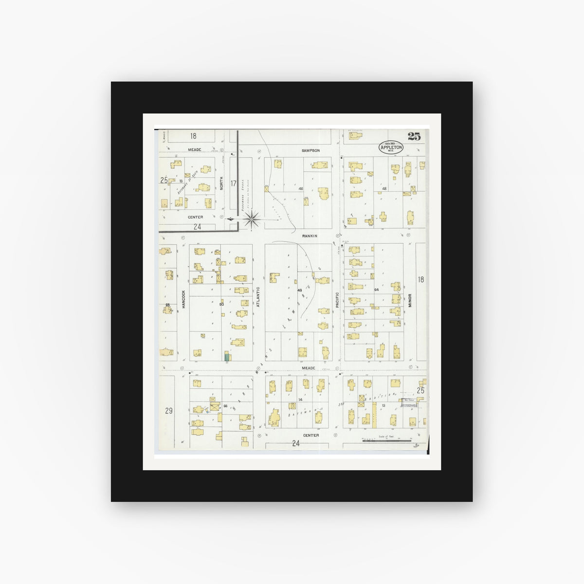 Old map wall art mockup — black gallery frame with white mat — Sanborn Fire Insurance Map from Appleton, Outagamie County, Wisconsin (1901), Sheet #0025