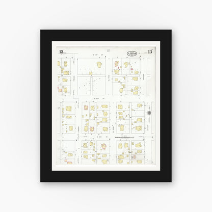 Old map wall art mockup — black gallery frame with white mat — Sanborn Fire Insurance Map from Plainview, Hale County, Texas (1927), Sheet #0013