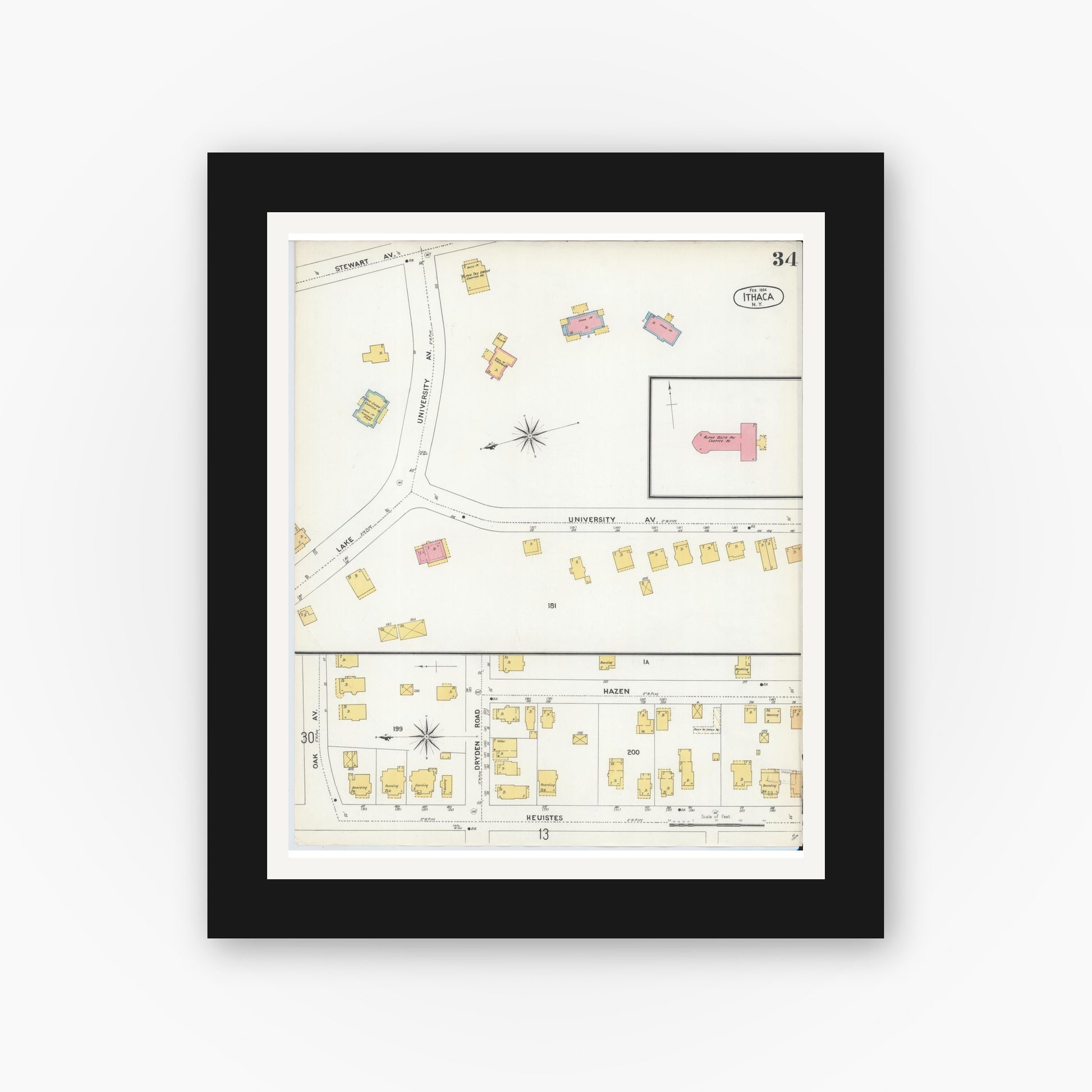 Old map wall art mockup — black gallery frame with white mat — Sanborn Fire Insurance Map from Ithaca, Tompkins County, New York (1904), Sheet #0034
