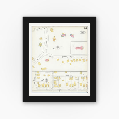 Old map wall art mockup — black gallery frame with white mat — Sanborn Fire Insurance Map from Ithaca, Tompkins County, New York (1904), Sheet #0034