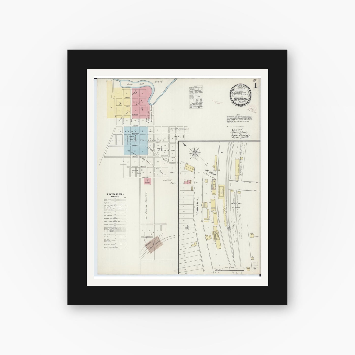 Old map wall art mockup — black gallery frame with white mat — Sanborn Fire Insurance Map from Mount Carroll, Carroll County, Illinois (1894) - Complete Map Set
