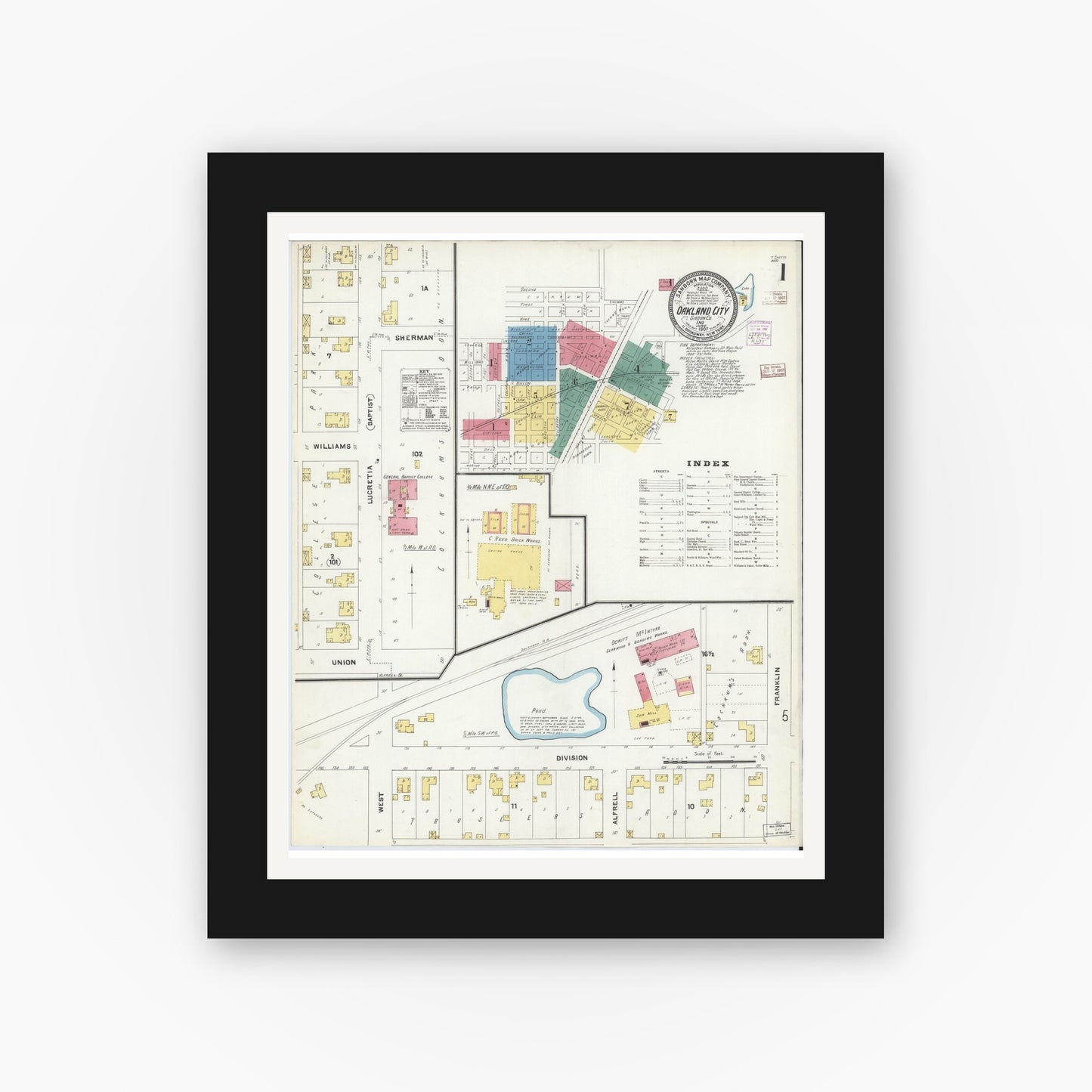 Old map wall art mockup — black gallery frame with white mat — Sanborn Fire Insurance Map from Oakland City, Gibson County, Indiana (1907) - Complete Map Set
