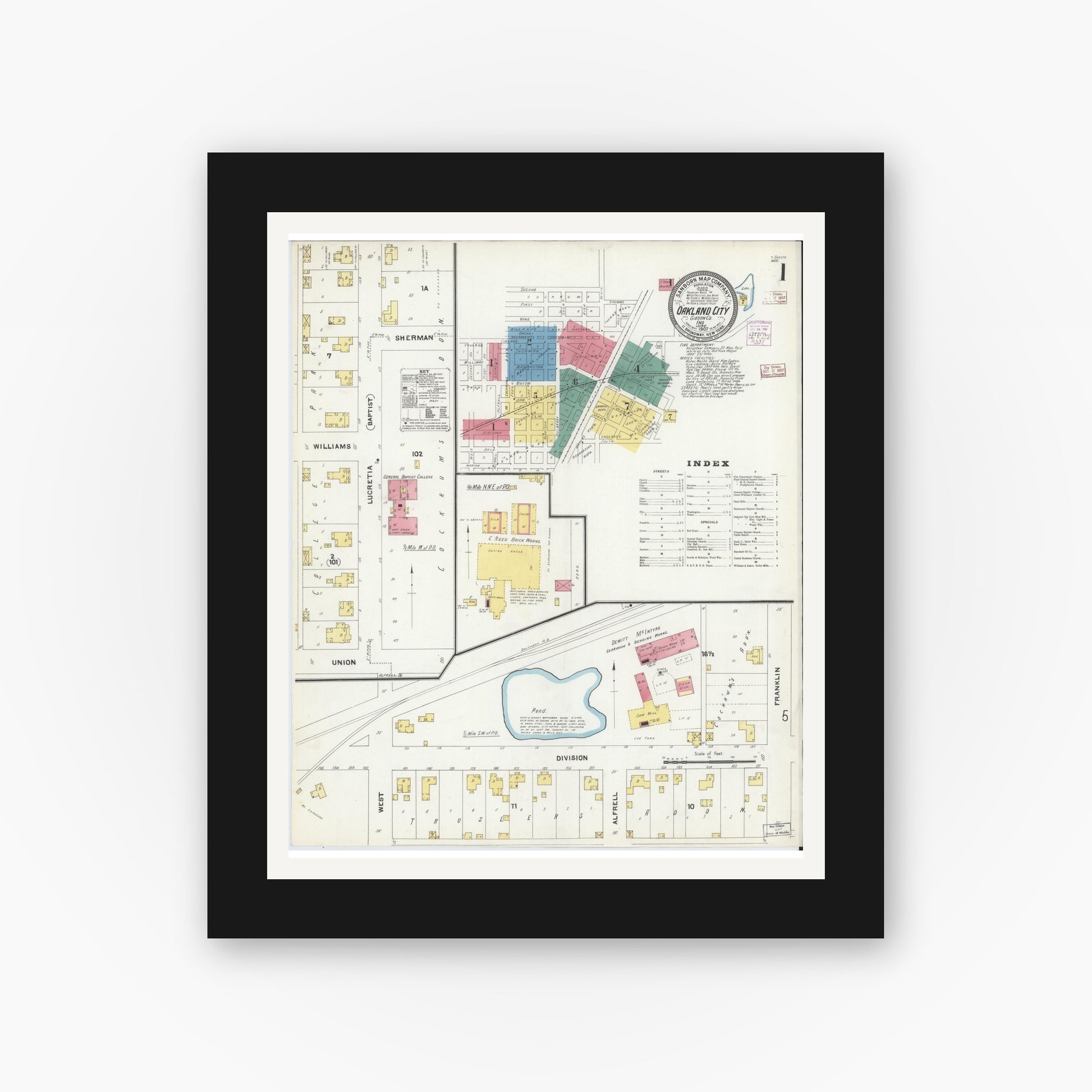 Old map wall art mockup — black gallery frame with white mat — Sanborn Fire Insurance Map from Oakland City, Gibson County, Indiana (1907) - Complete Map Set