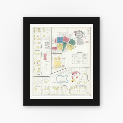 Old map wall art mockup — black gallery frame with white mat — Sanborn Fire Insurance Map from Oakland City, Gibson County, Indiana (1907) - Complete Map Set