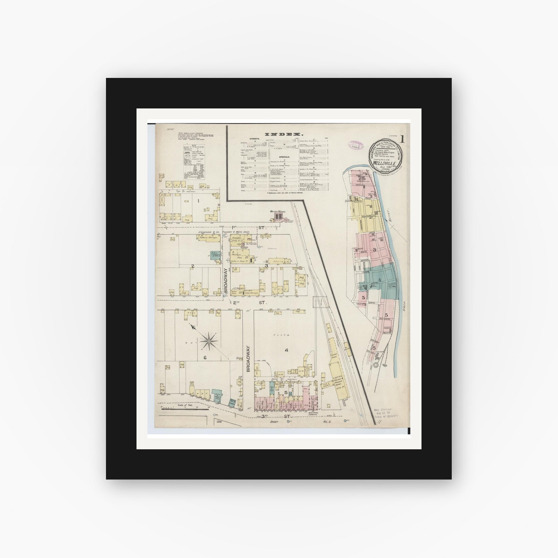 Old map wall art mockup — black gallery frame with white mat — Sanborn Fire Insurance Map from Wellsville, Columbiana County, Ohio (1887) - Complete Map Set
