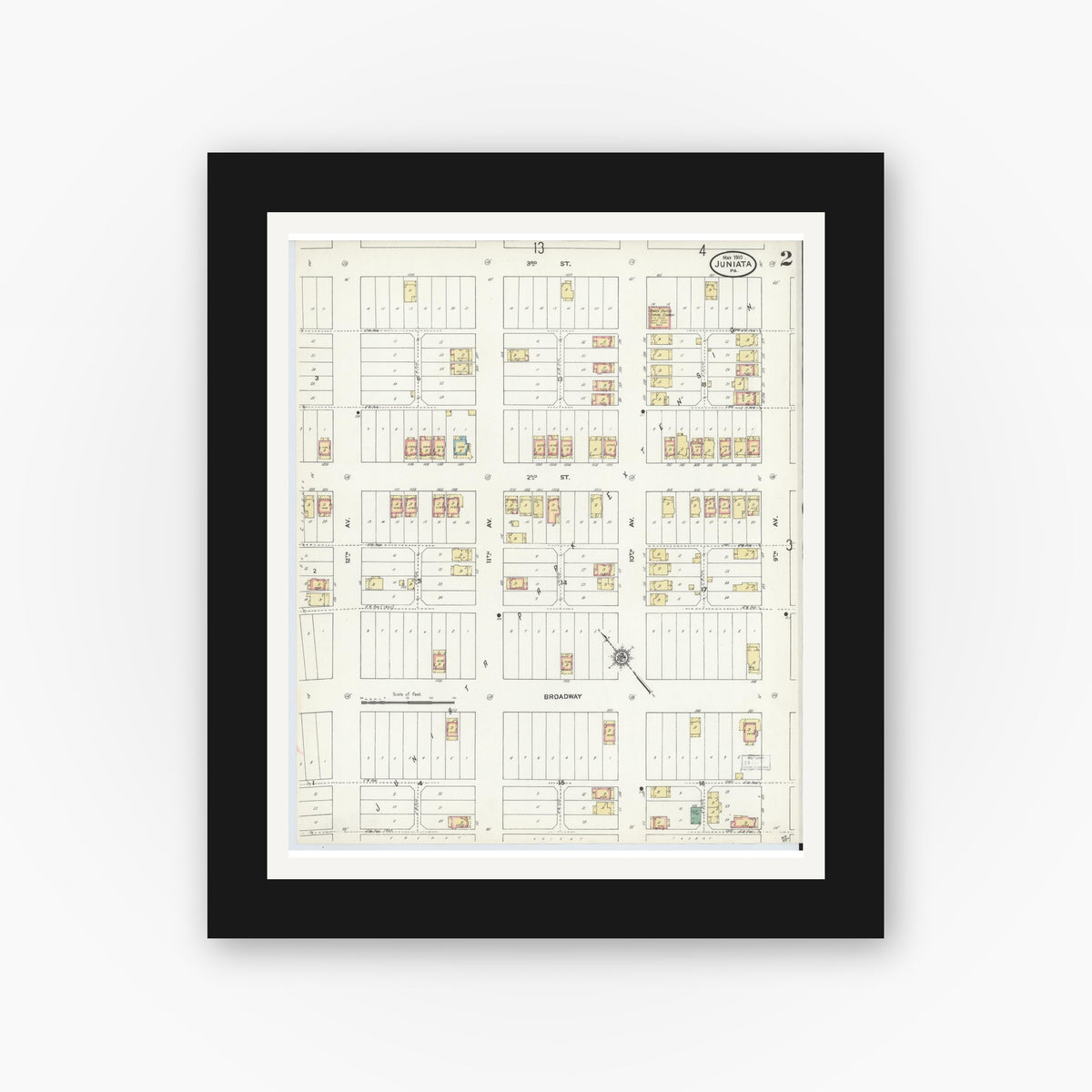 Old map wall art mockup — black gallery frame with white mat — Sanborn Fire Insurance Map from Juniata, Blair County, Pennsylvania (1910), Sheet #0002