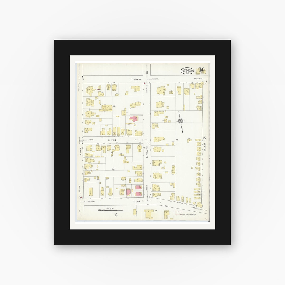 Old map wall art mockup — black gallery frame with white mat — Sanborn Fire Insurance Map from Goldsboro, Wayne County, North Carolina (1913), Sheet #0014