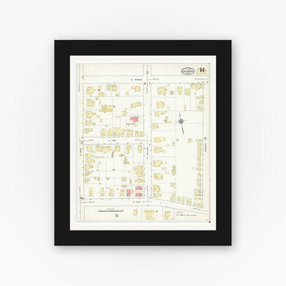 Old map wall art mockup — black gallery frame with white mat — Sanborn Fire Insurance Map from Goldsboro, Wayne County, North Carolina (1913), Sheet #0014