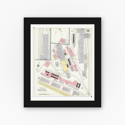 Old map wall art mockup — black gallery frame with white mat — Sanborn Fire Insurance Map from Steubenville, Jefferson County, Ohio (1913), Sheet #0038
