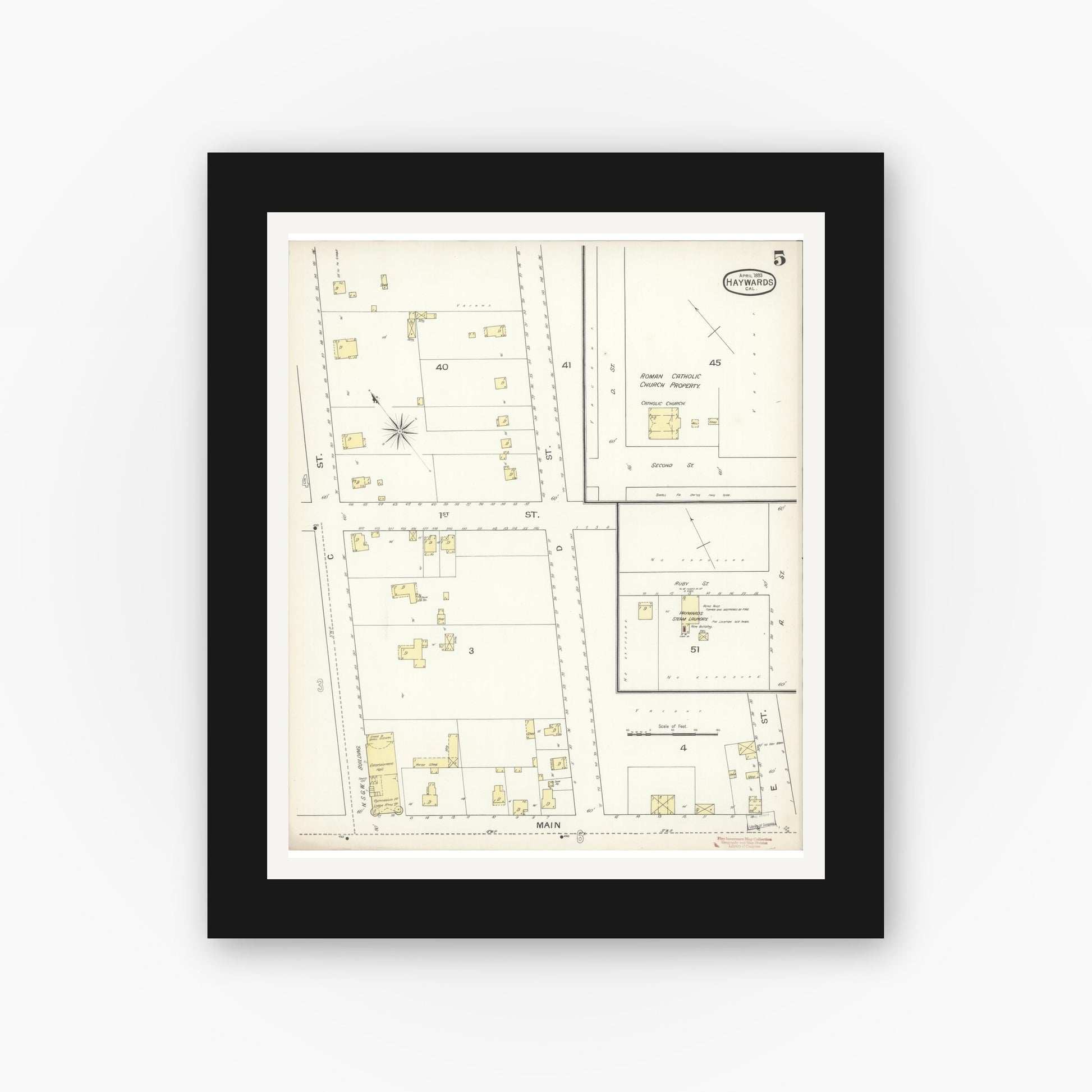 Old map wall art mockup — black gallery frame with white mat — Sanborn Fire Insurance Map from Hayward, Alameda County, California (1893), Sheet #0005