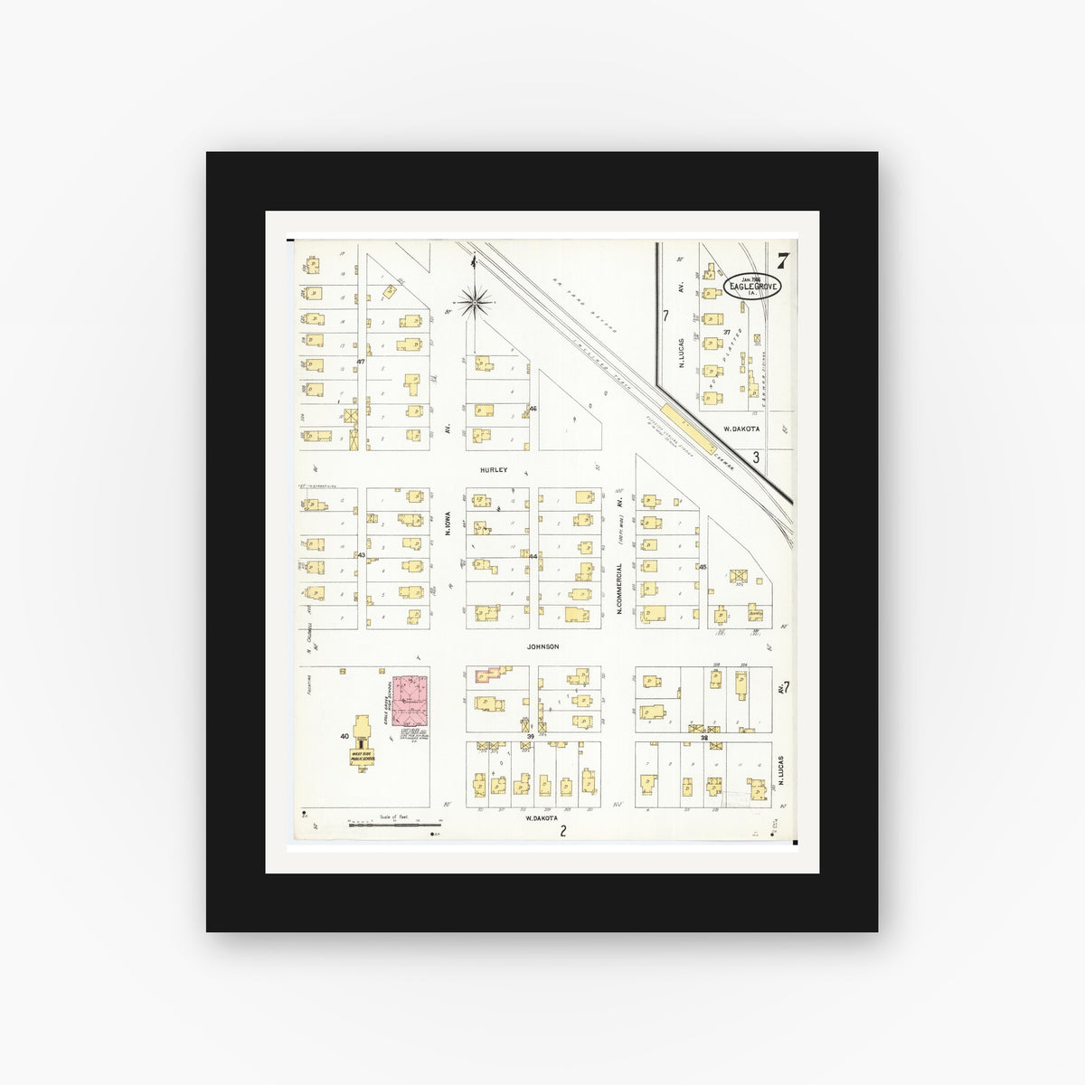 Old map wall art mockup — black gallery frame with white mat — Sanborn Fire Insurance Map from Eagle Grove, Wright County, Iowa (1906), Sheet #0007