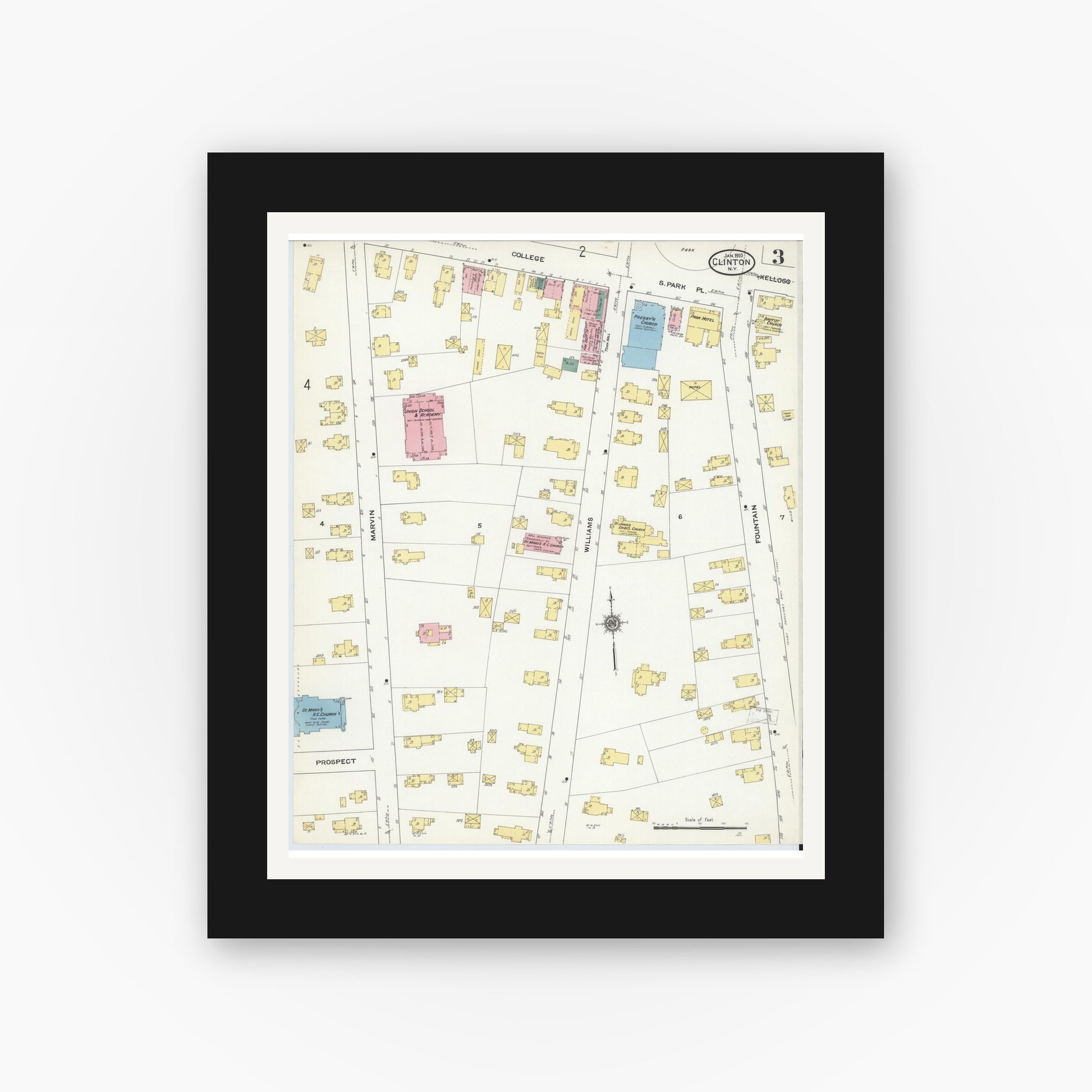 Old map wall art mockup — black gallery frame with white mat — Sanborn Fire Insurance Map from Clinton, Oneida County, New York (1910), Sheet #0003