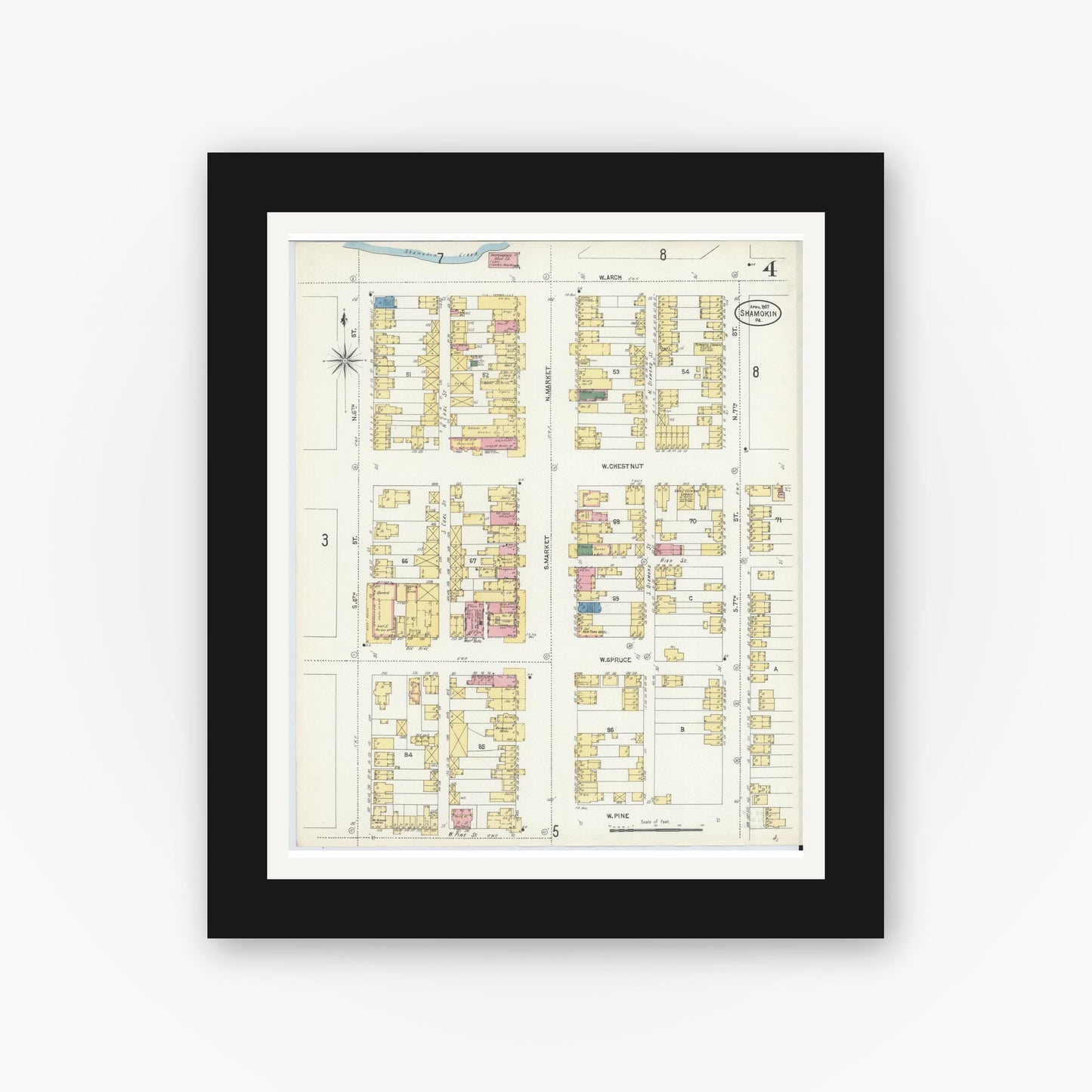Old map wall art mockup — black gallery frame with white mat — Sanborn Fire Insurance Map from Shamokin, Northumberland County, Pennsylvania (1907), Sheet #0004