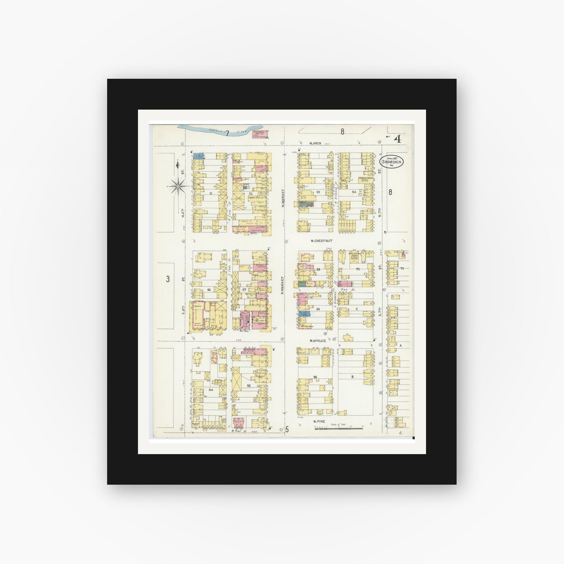 Old map wall art mockup — black gallery frame with white mat — Sanborn Fire Insurance Map from Shamokin, Northumberland County, Pennsylvania (1907), Sheet #0004