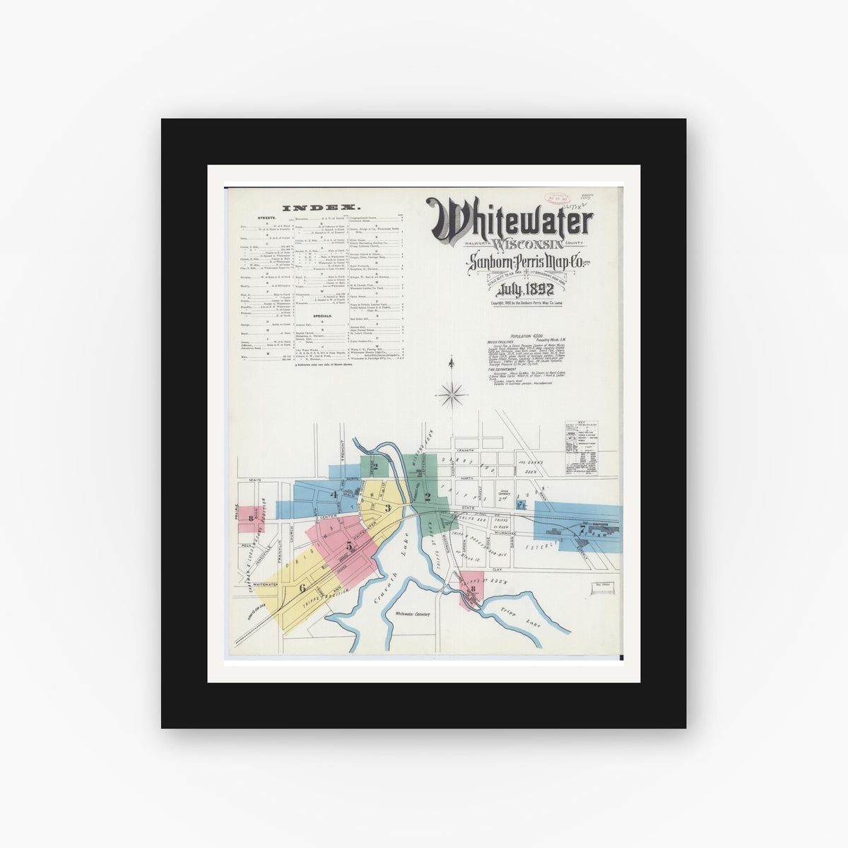 Old map wall art mockup — black gallery frame with white mat — Sanborn Fire Insurance Map from Whitewater, Walworth County, Wisconsin (1892) - Complete Map Set