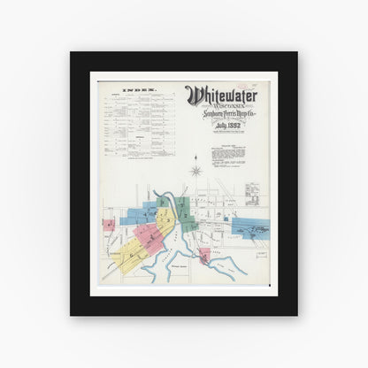 Old map wall art mockup — black gallery frame with white mat — Sanborn Fire Insurance Map from Whitewater, Walworth County, Wisconsin (1892) - Complete Map Set