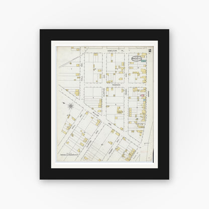 Old map wall art mockup — black gallery frame with white mat — Sanborn Fire Insurance Map from Maspeth, Queens County, New York (1893), Sheet #0002