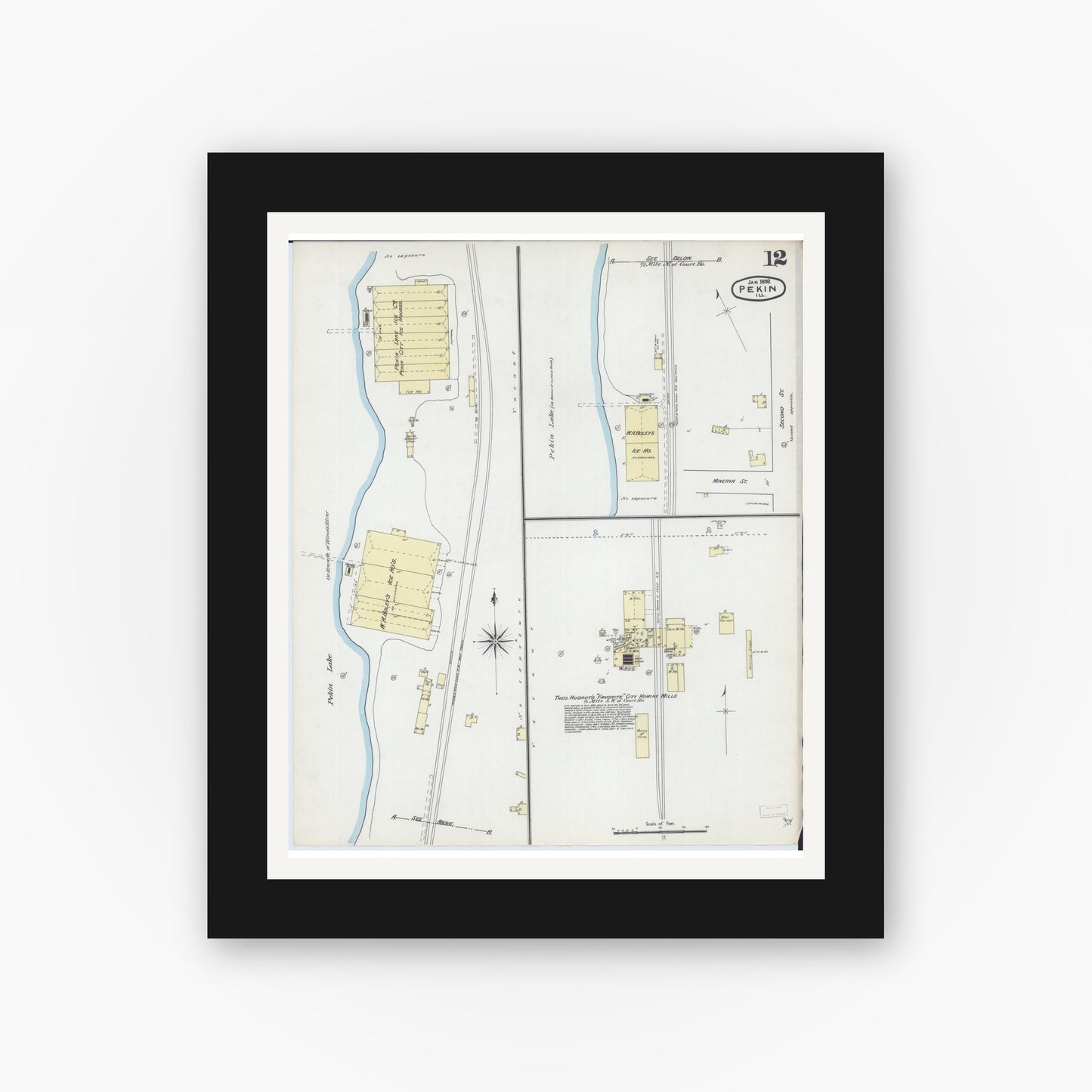 Old map wall art mockup — black gallery frame with white mat — Sanborn Fire Insurance Map from Pekin, Tazewell County, Illinois (1892), Sheet #0012