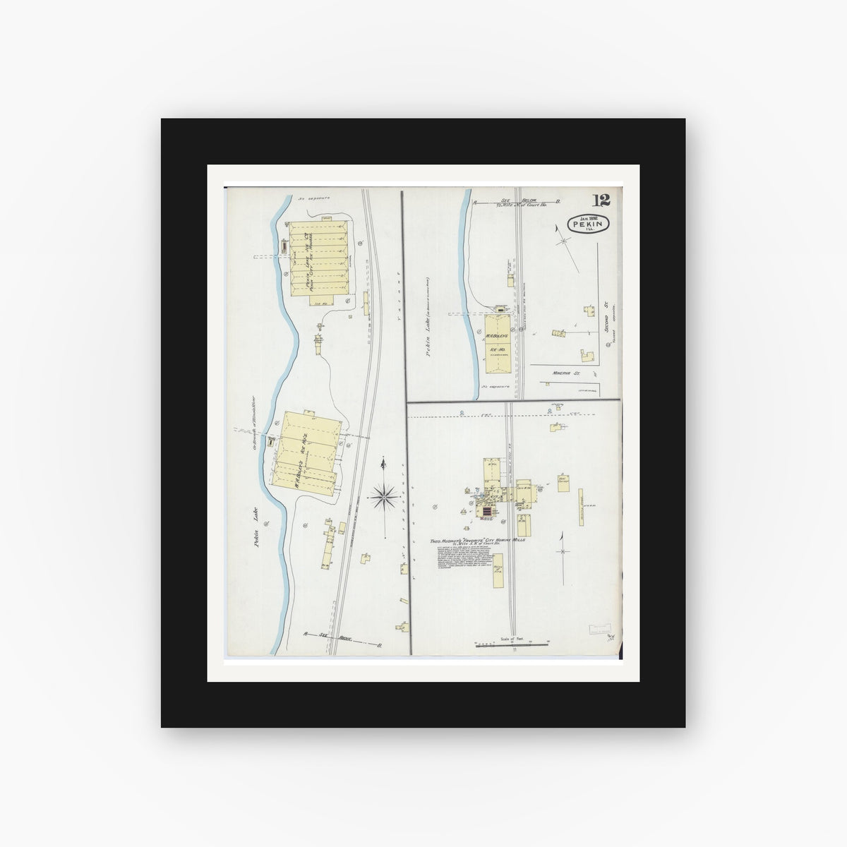 Old map wall art mockup — black gallery frame with white mat — Sanborn Fire Insurance Map from Pekin, Tazewell County, Illinois (1892), Sheet #0012