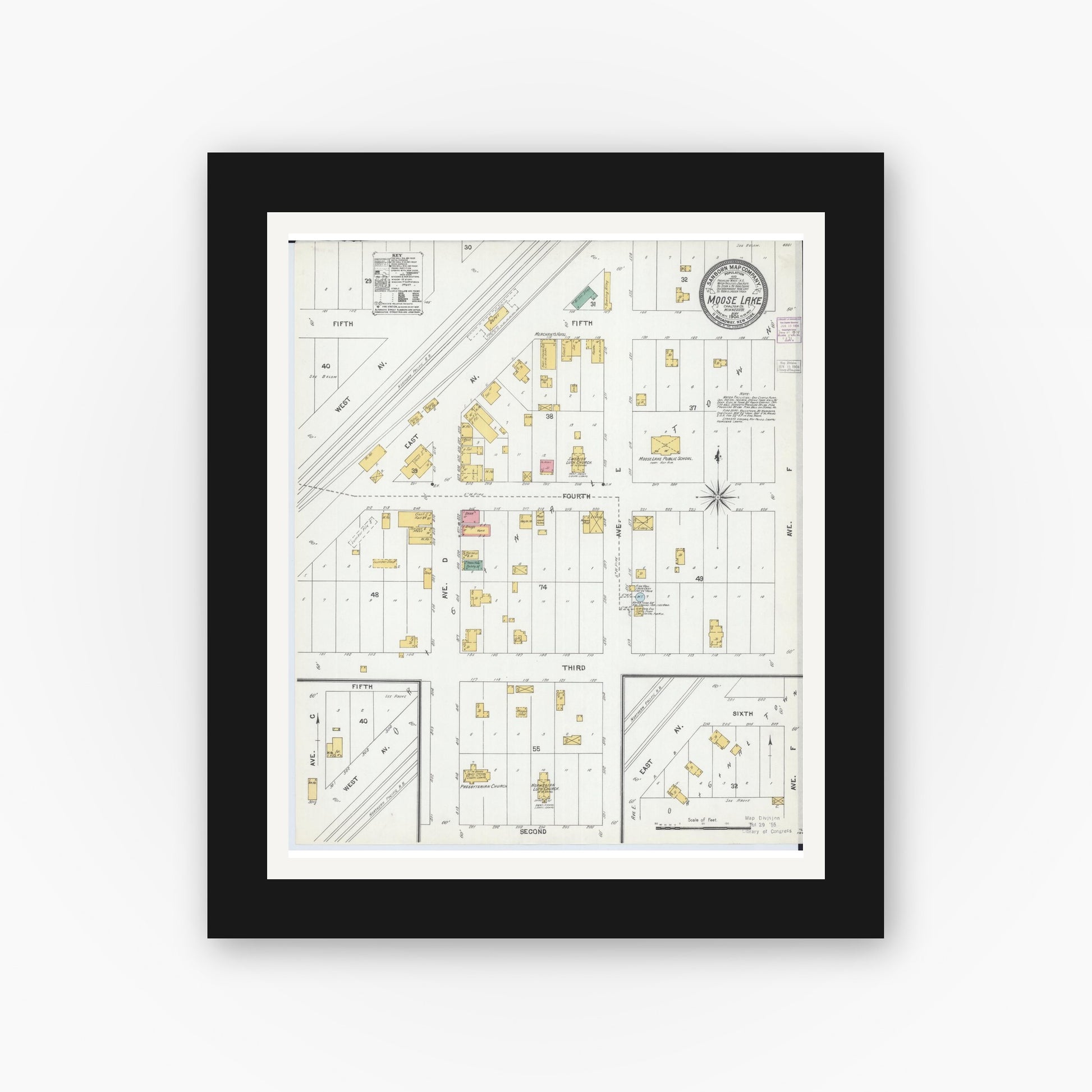 Old map wall art mockup — black gallery frame with white mat — Sanborn Fire Insurance Map from Moose Lake, Carlton County, Minnesota (1904), Sheet #0001