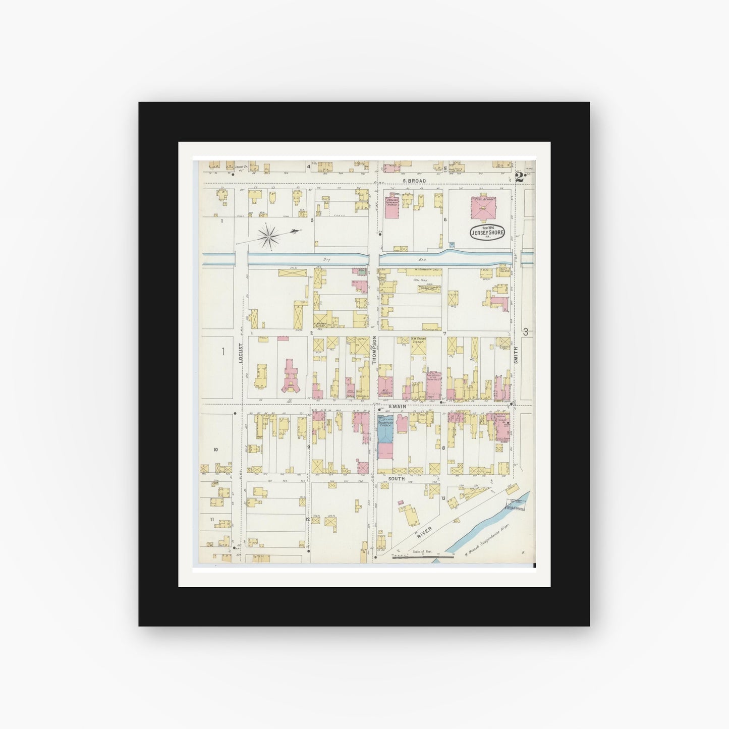 Old map wall art mockup — black gallery frame with white mat — Sanborn Fire Insurance Map from Jersey Shore, Lycoming County, Pennsylvania (1896), Sheet #0002