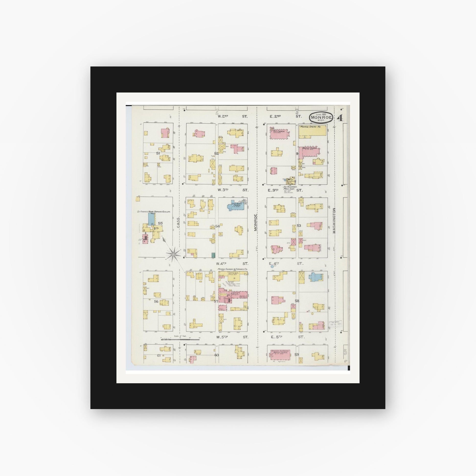 Old map wall art mockup — black gallery frame with white mat — Sanborn Fire Insurance Map from Monroe, Monroe County, Michigan (1893), Sheet #0004