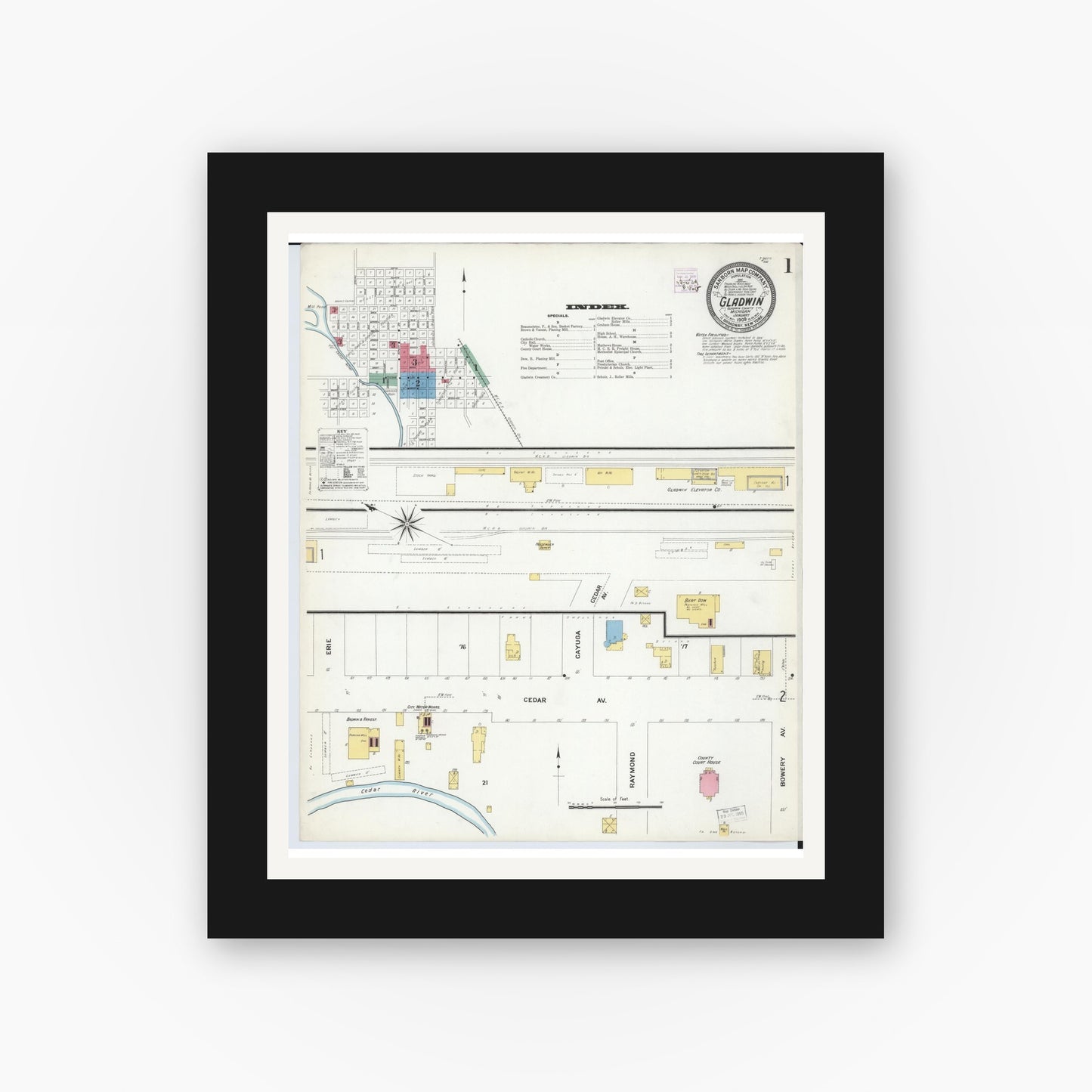 Old map wall art mockup — black gallery frame with white mat — Sanborn Fire Insurance Map from Gladwin, Gladwin County, Michigan (1909) - Complete Map Set