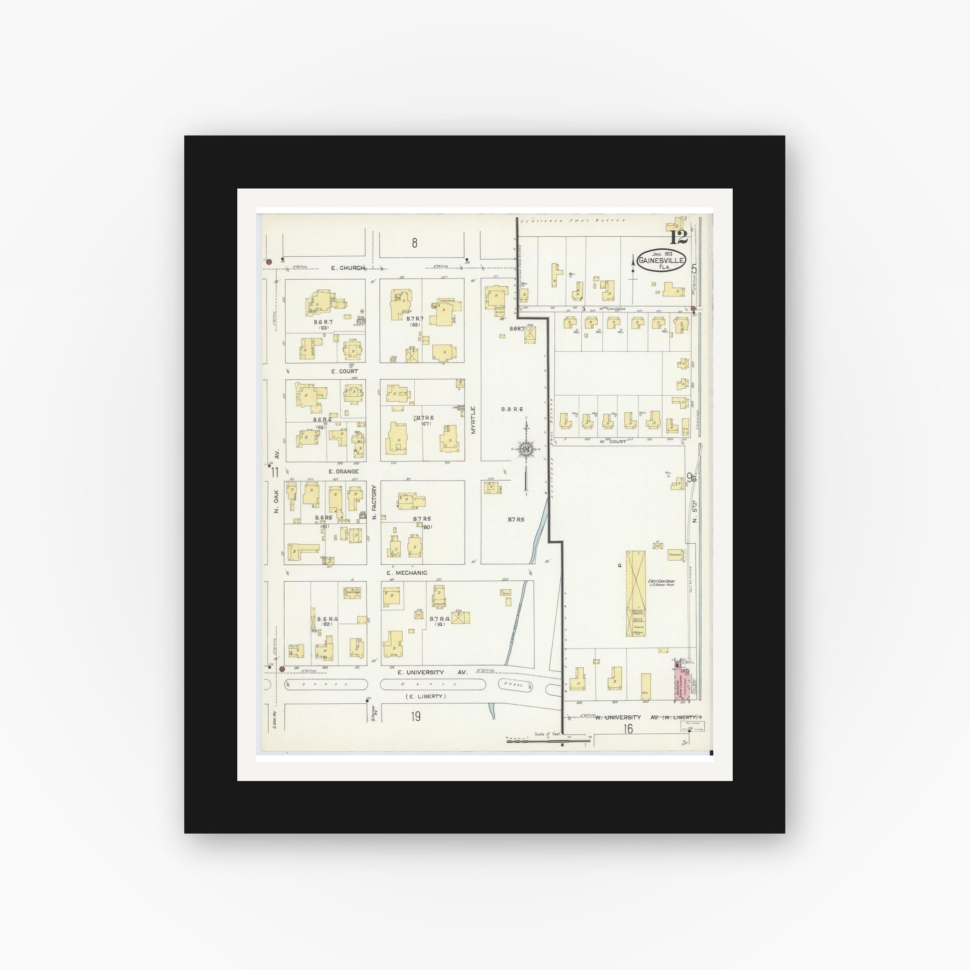 Old map wall art mockup — black gallery frame with white mat — Sanborn Fire Insurance Map from Gainesville, Alachua County, Florida (1913), Sheet #0012