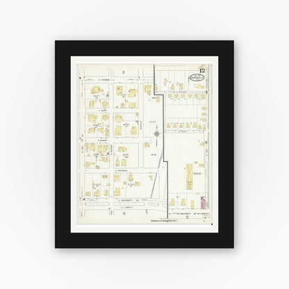 Old map wall art mockup — black gallery frame with white mat — Sanborn Fire Insurance Map from Gainesville, Alachua County, Florida (1913), Sheet #0012