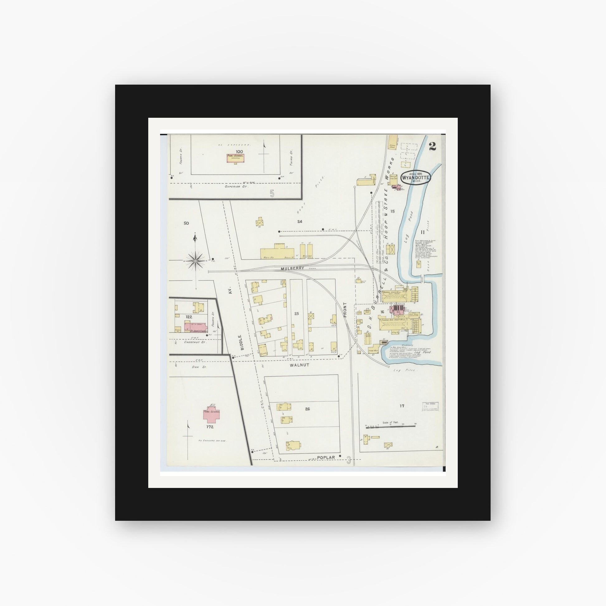Old map wall art mockup — black gallery frame with white mat — Sanborn Fire Insurance Map from Wyandotte, Wayne County, Michigan (1895), Sheet #0002