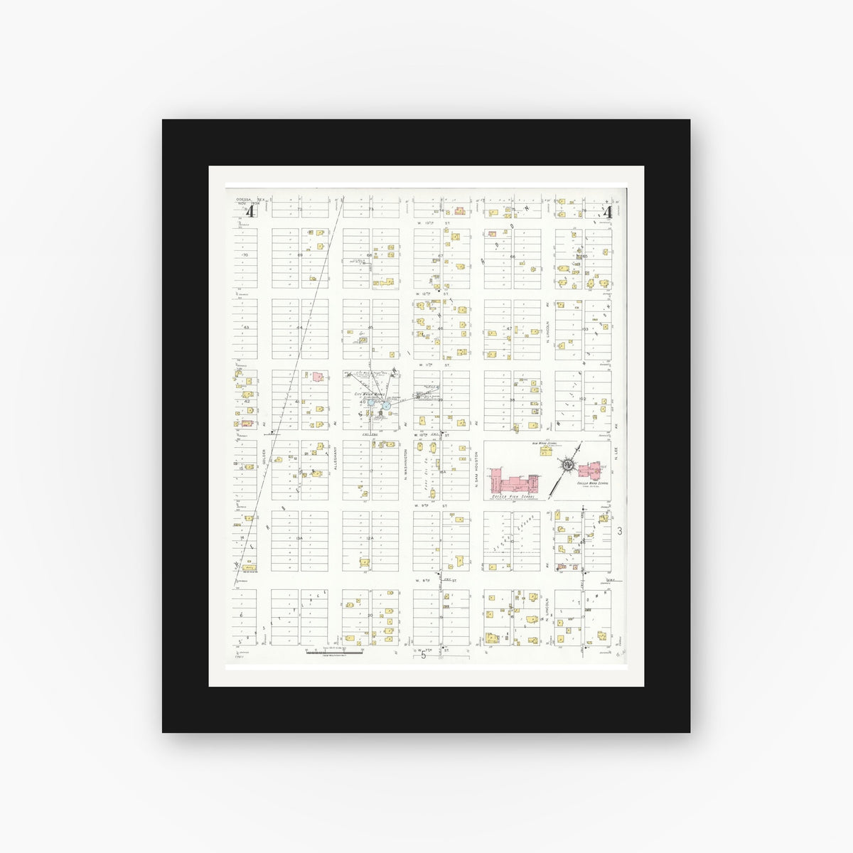 Old map wall art mockup — black gallery frame with white mat — Sanborn Fire Insurance Map from Odessa, Edger County, Texas (1934), Sheet #0004