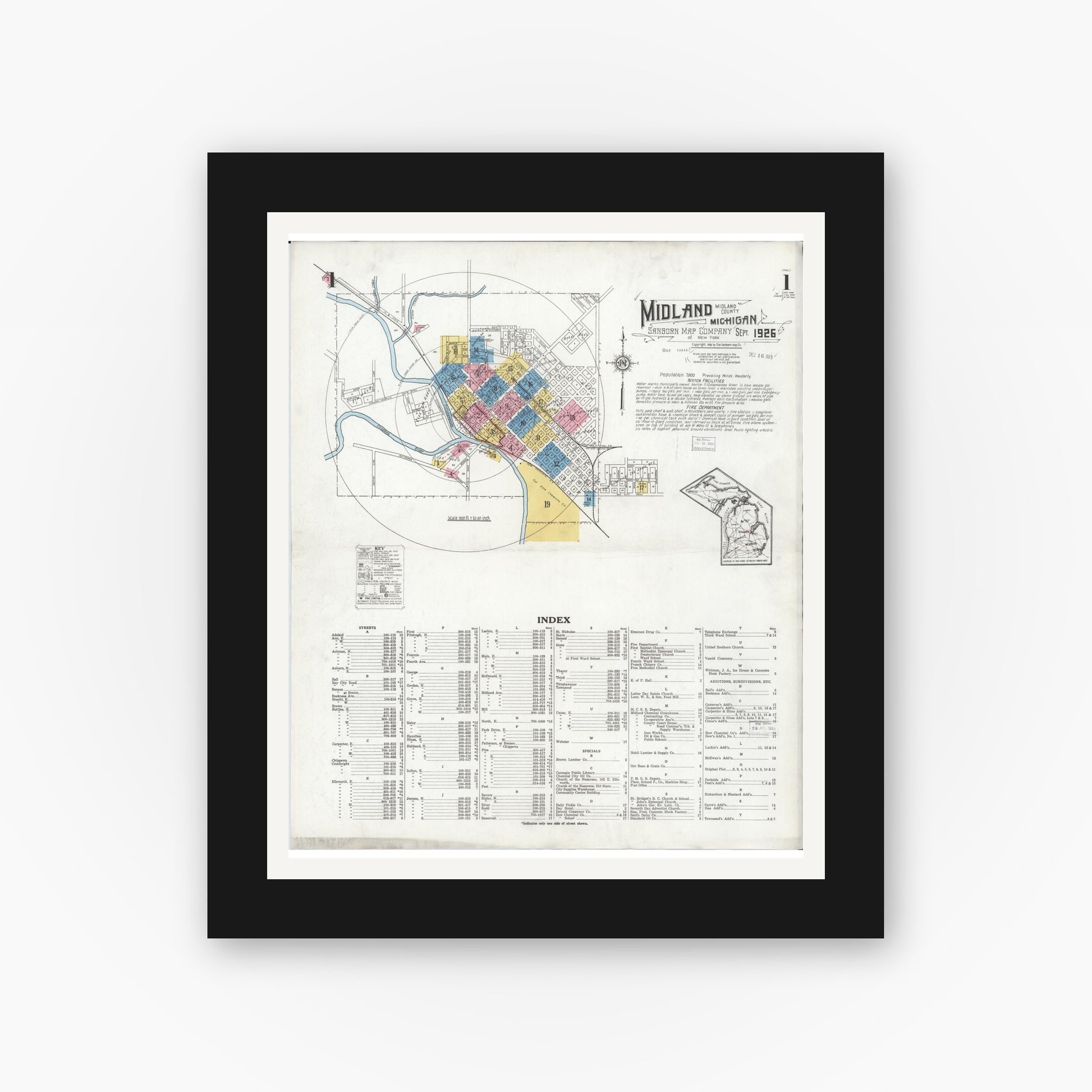 Old map wall art mockup — black gallery frame with white mat — Sanborn Fire Insurance Map from Midland, Midland County, Michigan (1926), Sheet #0001