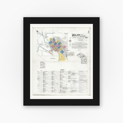 Old map wall art mockup — black gallery frame with white mat — Sanborn Fire Insurance Map from Midland, Midland County, Michigan (1926), Sheet #0001