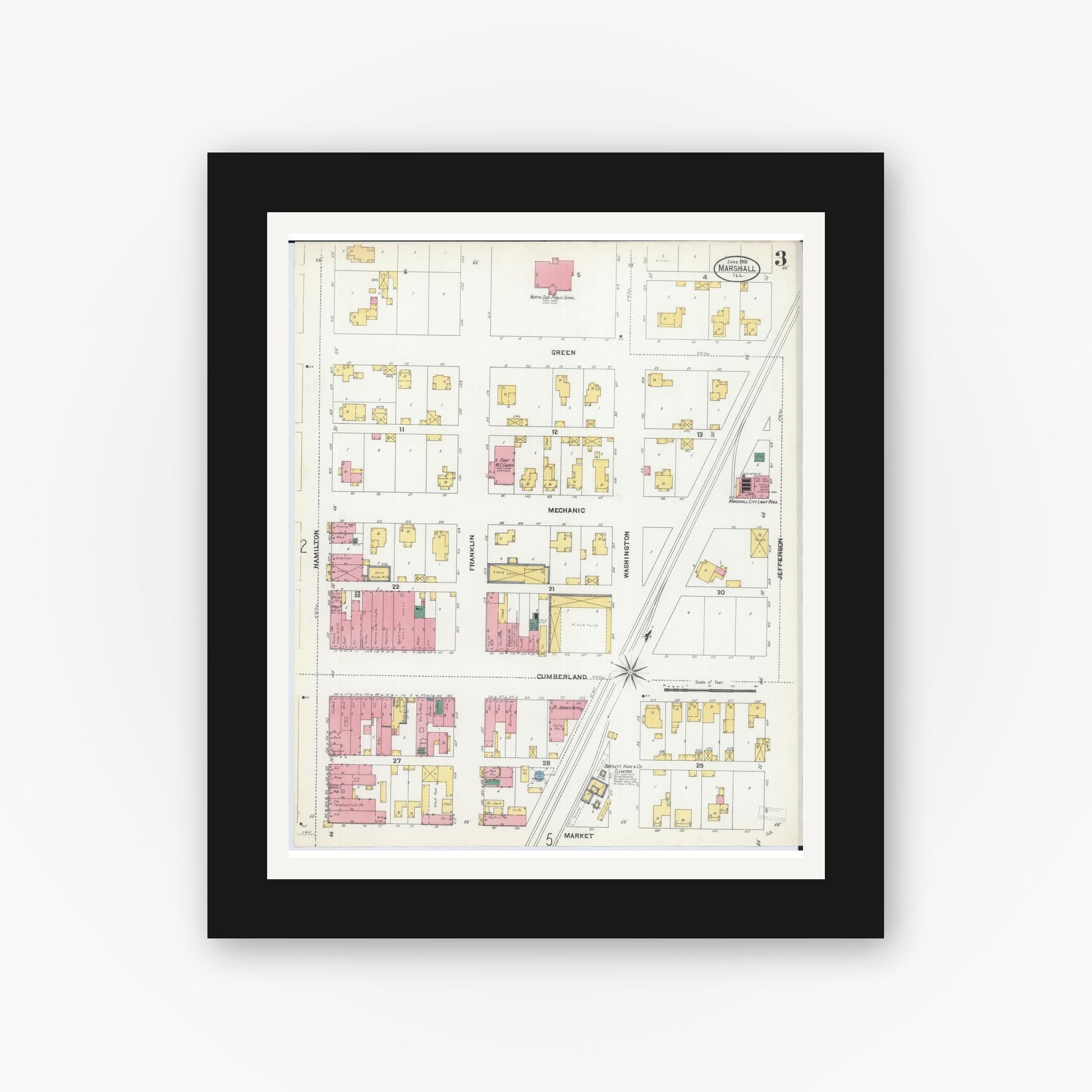 Old map wall art mockup — black gallery frame with white mat — Sanborn Fire Insurance Map from Marshall, Clark County, Illinois (1906), Sheet #0003