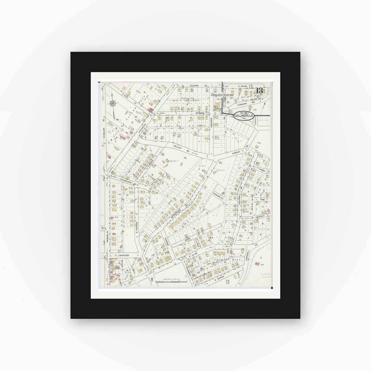Old map wall art mockup — black gallery frame with white mat — Sanborn Fire Insurance Map from Collinsville, Madison County, Illinois (1915), Sheet #0013