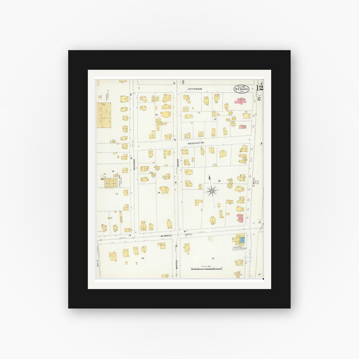 Old map wall art mockup — black gallery frame with white mat — Sanborn Fire Insurance Map from Newark, Wayne County, New York (1906), Sheet #0012