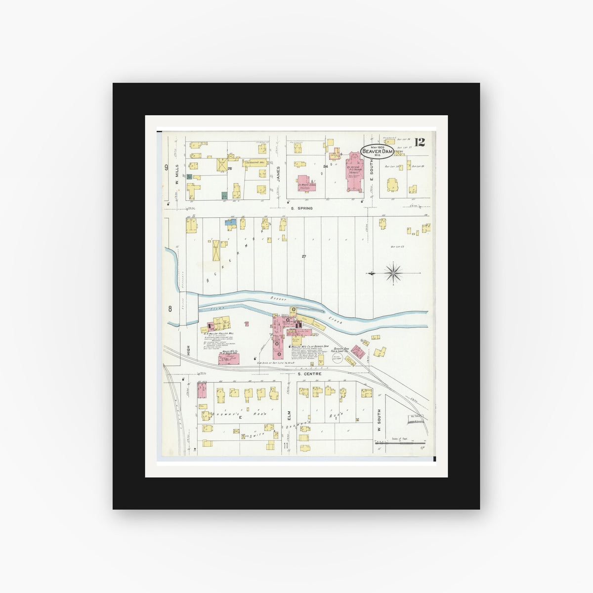 Old map wall art mockup — black gallery frame with white mat — Sanborn Fire Insurance Map from Beaver Dam, Dodge County, Wisconsin (1909), Sheet #0012