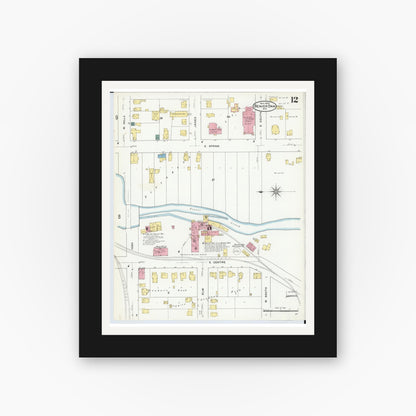 Old map wall art mockup — black gallery frame with white mat — Sanborn Fire Insurance Map from Beaver Dam, Dodge County, Wisconsin (1909), Sheet #0012