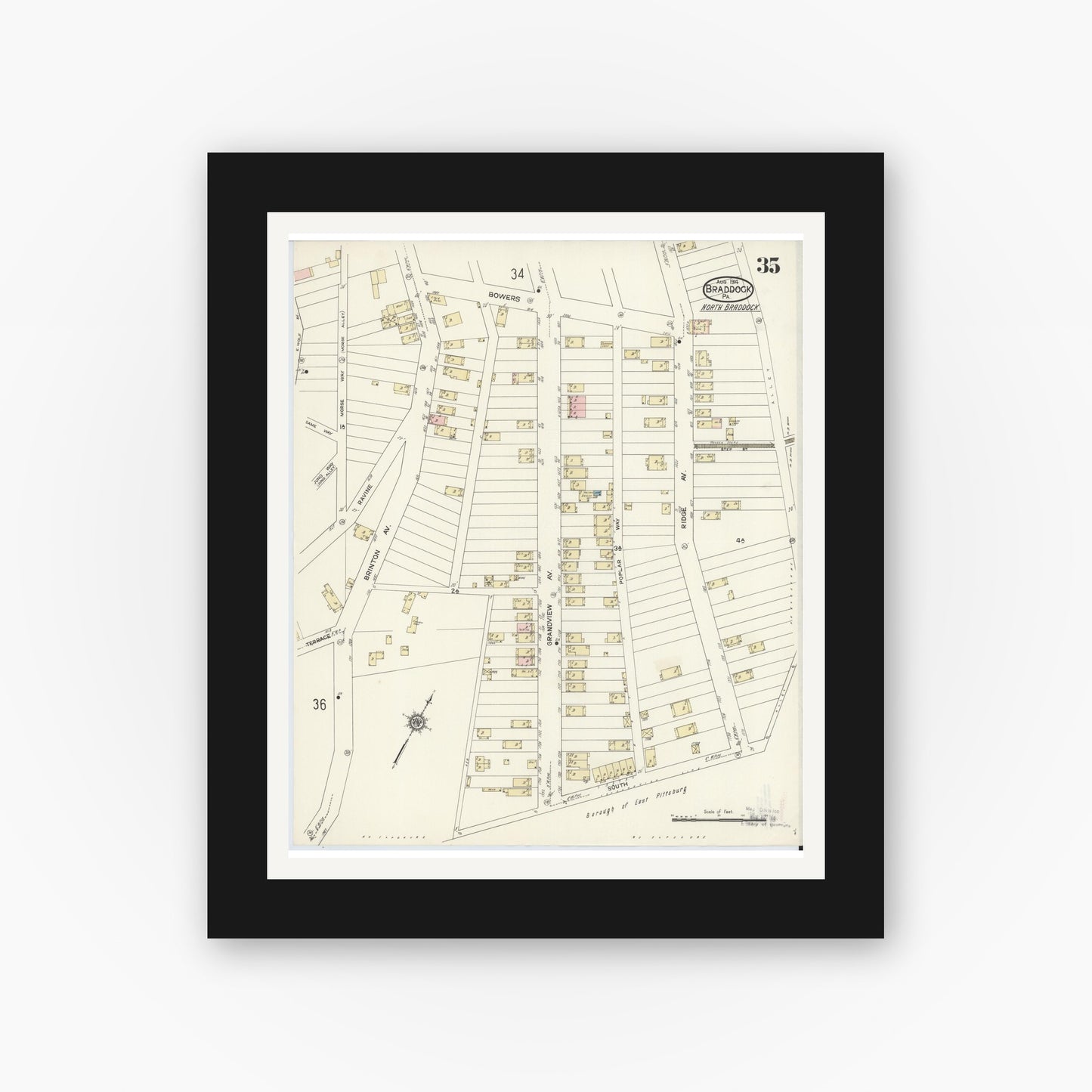Old map wall art mockup — black gallery frame with white mat — Sanborn Fire Insurance Map from Braddock, Allegheny County, Pennsylvania (1914), Sheet #0035