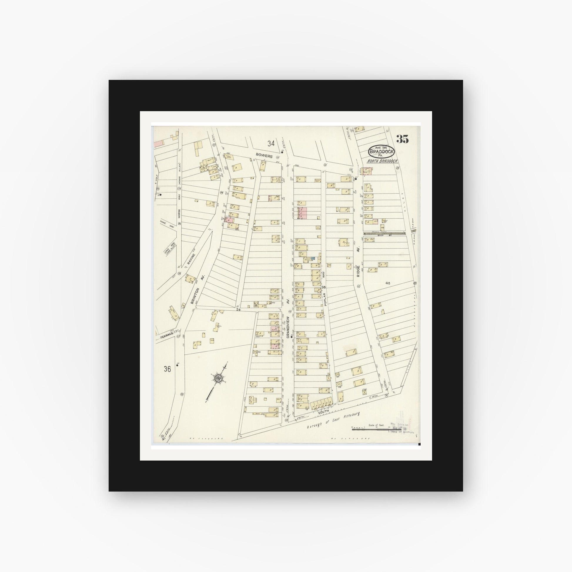 Old map wall art mockup — black gallery frame with white mat — Sanborn Fire Insurance Map from Braddock, Allegheny County, Pennsylvania (1914), Sheet #0035