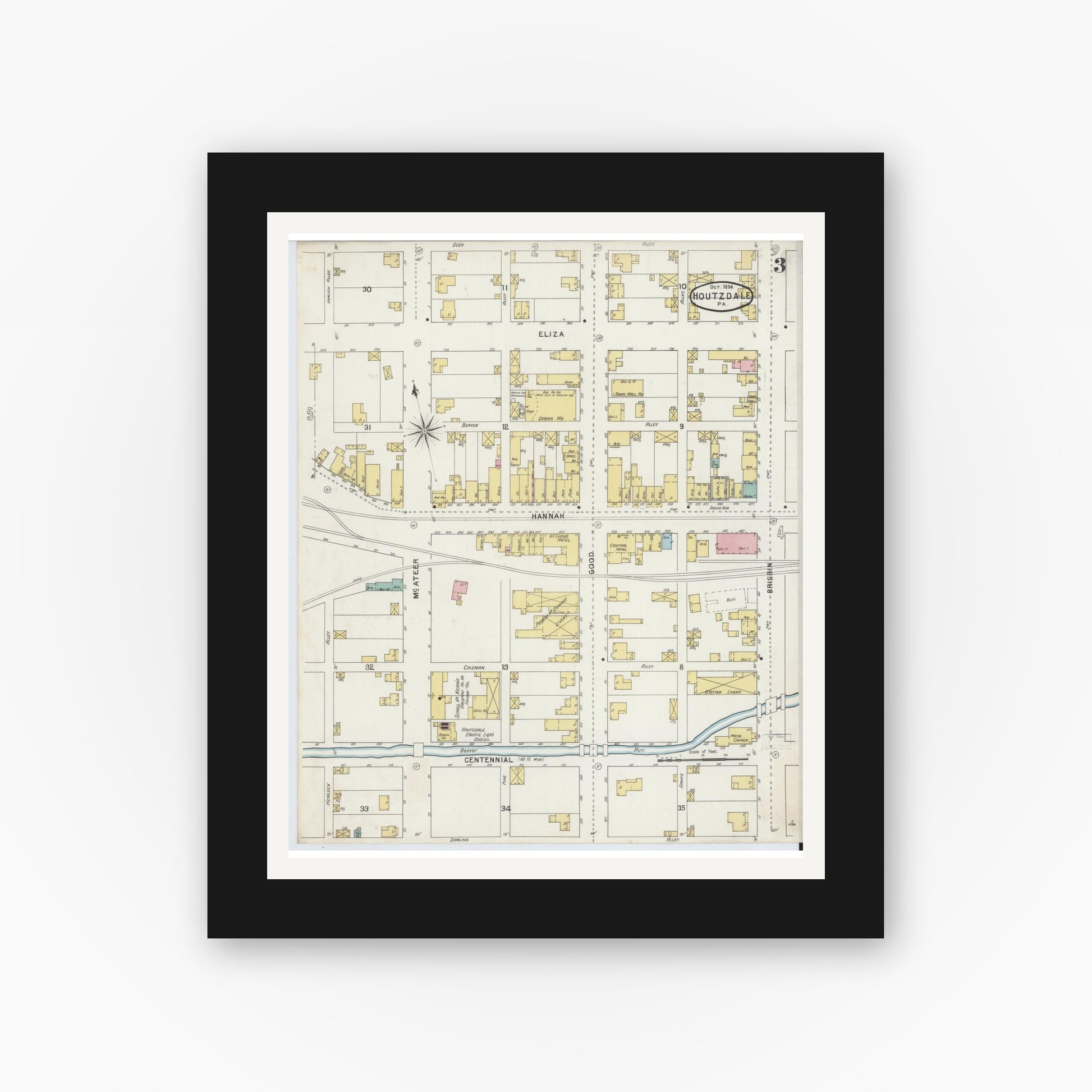 Old map wall art mockup — black gallery frame with white mat — Sanborn Fire Insurance Map from Houtzdale, Clearfield County, Pennsylvania (1894), Sheet #0003