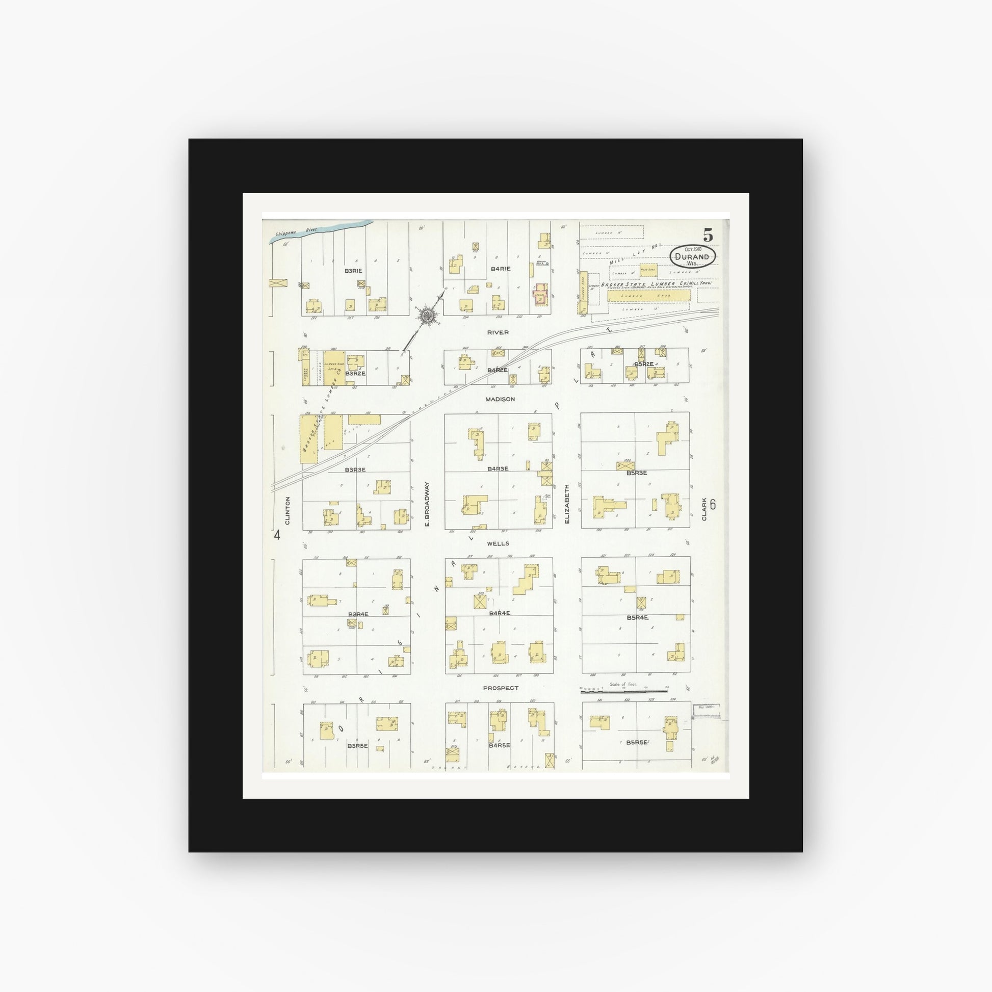 Old map wall art mockup — black gallery frame with white mat — Sanborn Fire Insurance Map from Durand, Pepin County, Wisconsin (1910), Sheet #0005