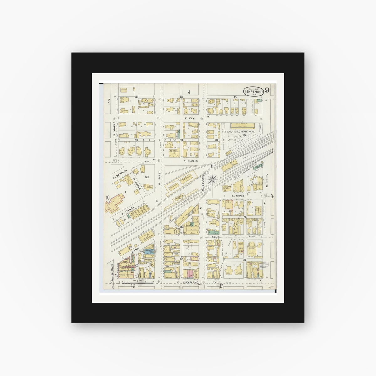 Old map wall art mockup — black gallery frame with white mat — Sanborn Fire Insurance Map from Ishpeming, Marquette County, Michigan (1897), Sheet #0009