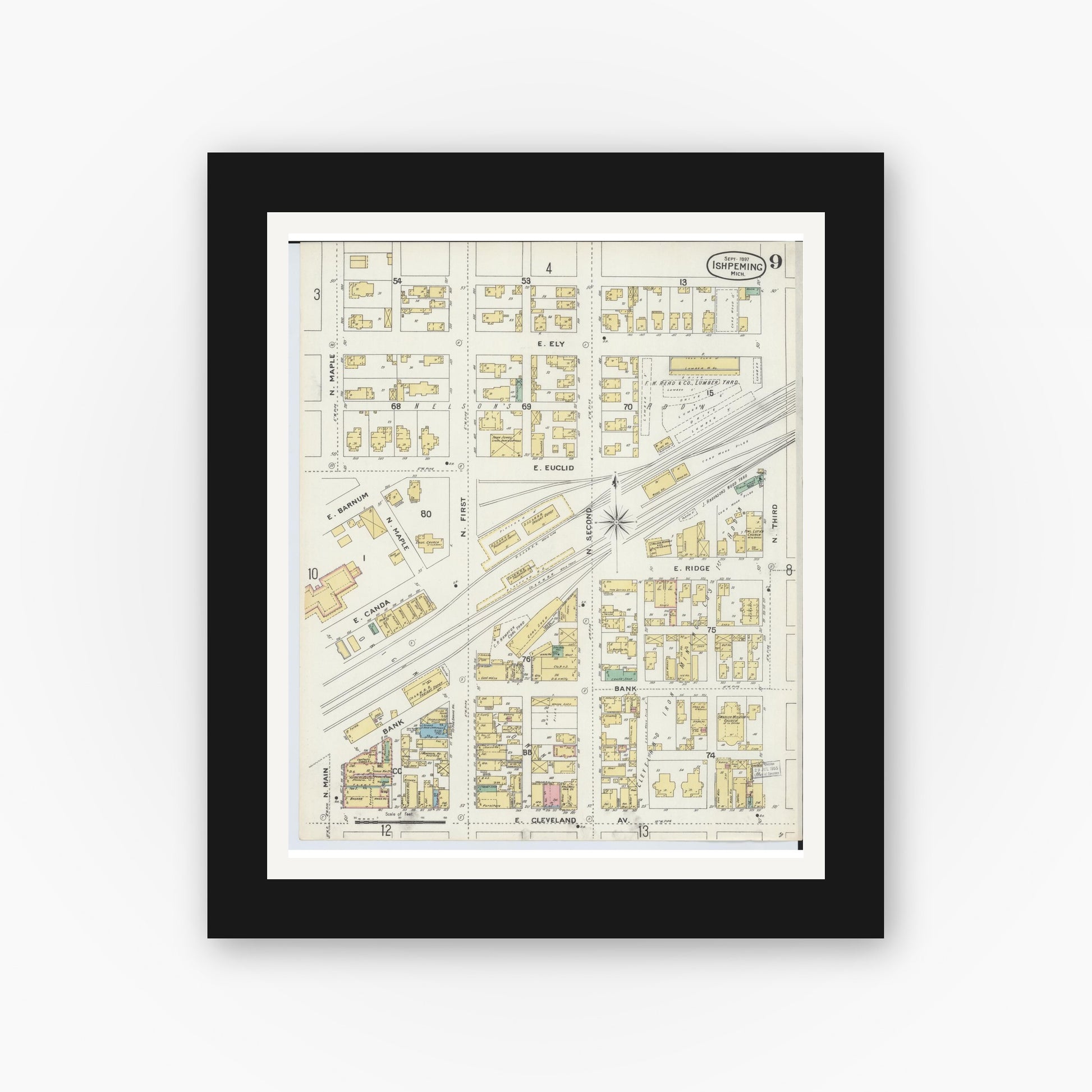 Old map wall art mockup — black gallery frame with white mat — Sanborn Fire Insurance Map from Ishpeming, Marquette County, Michigan (1897), Sheet #0009