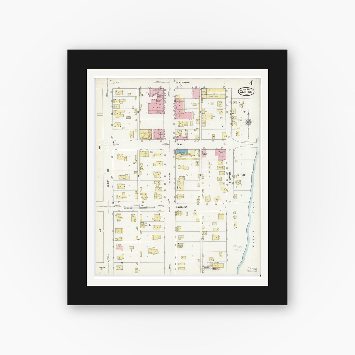 Old map wall art mockup — black gallery frame with white mat — Sanborn Fire Insurance Map from Clinton, Vermillion County, Indiana (1910), Sheet #0004