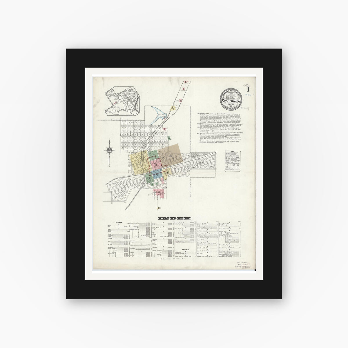 Old map wall art mockup — black gallery frame with white mat — Sanborn Fire Insurance Map from Sweetwater, Nolan County, Texas (1914) - Complete Map Set